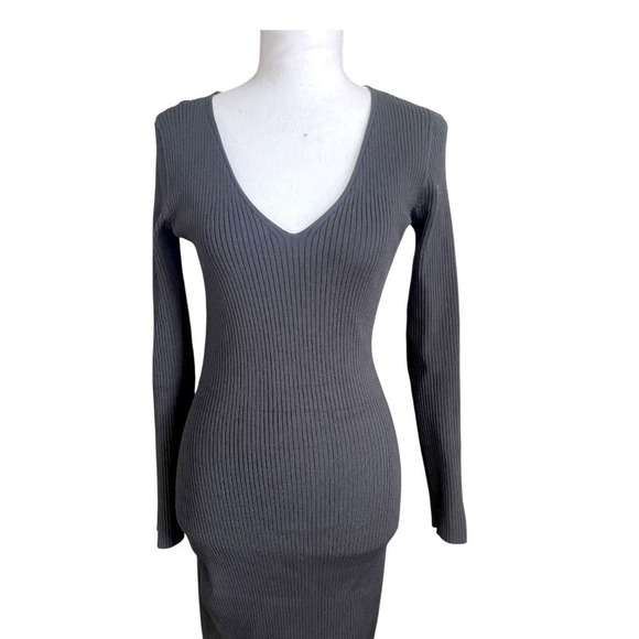 Jonathan Simkhai V-Neck Ribbed Stretchy Black Midi Dress Long Sleeve Cocktail - Picture 11 of 16
